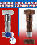 Comparison of bolts, one with medium strength threadlocker and one corroded, highlighting waterproof and corrosion-proof qualities.