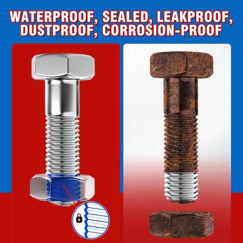 Comparison of bolts, one with medium strength threadlocker and one corroded, highlighting waterproof and corrosion-proof qualities.