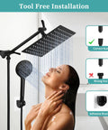 8 Inch Matte Black Rain Shower Head For Wide Coverage And Powerful Water Flow Dope Easy Install Durable Stainless Steel Shower Head Modern Bathroom Upgrade Rainfall Shower Experience showing tool-free installation and woman enjoying water flow