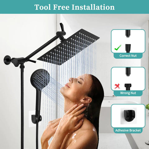 8 Inch Matte Black Rain Shower Head For Wide Coverage And Powerful Water Flow Dope Easy Install Durable Stainless Steel Shower Head Modern Bathroom Upgrade Rainfall Shower Experience showing tool-free installation and woman enjoying water flow