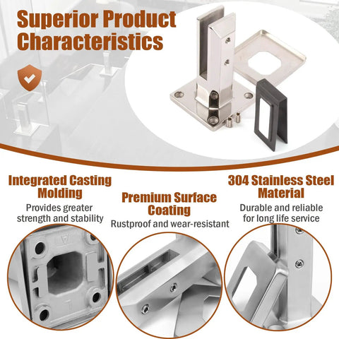 Square 304 Stainless Steel Glass Floor Spigots Deck Railing Clamps Adjustable For Ten To Fifteen Millimeter Frames Hella Solid Pool Staircase Mounts Slick Silver close-up showing integrated casting molding and premium surface.