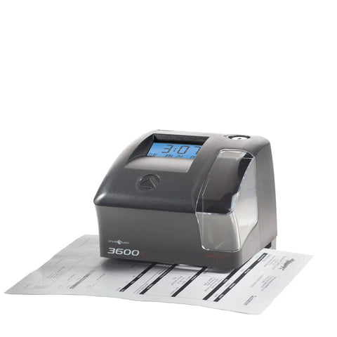 No Sweat Dual Action Time Clock And Document Stamp With Smart Led Windows For Efficient Shift Tracking And Crisp Date Stamps on desk.