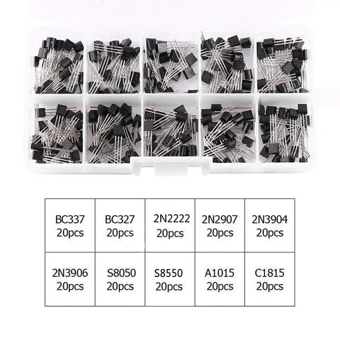 Bulk General Purpose Transistors Kit 200 Pieces Ten Value Silicon Transistors Assortment Including BC337 BC327 2N2222 shown in box
