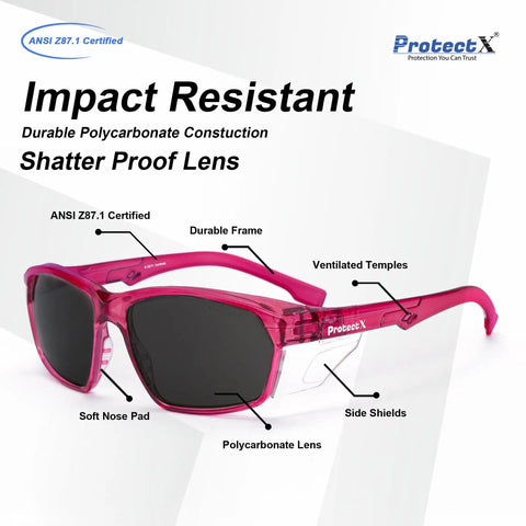 Heavy Duty Grind Ready Anti Fog Safety Glasses With Scratch Resistant Ruby Smoke Tint Polycarbonate Unisex Fit UV Shielding angled view showcasing durable frame and soft nose pad.