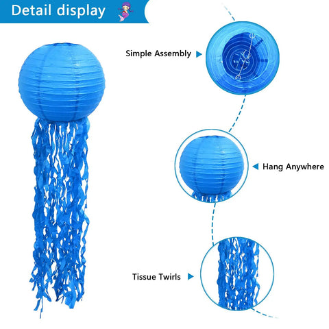 Colorful Mermaid Jellyfish Paper Lanterns Hanging Set For Under The Sea Theme Parties, 10" blue lantern with tissue tentacles