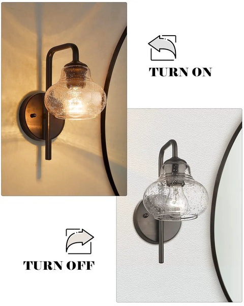 Rustic Wall Sconces Set Of 2 With Hand Blown Bubble Glass Shades, Modern Matte Black Vanity Lights for soft or ambient glow, turned on and off