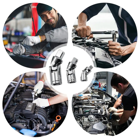 Rock Solid 3 Piece Universal Joint Socket Set With Rotatable Swivel Head For Tough Jobs And Confined Spaces That Make Any DIYer's Toolkit Smaller Yet Super Versatile And Way More Efficient.