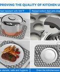 Image showing 2 Pack Silicone Sink Mats Dope Non Slip Foldable Grids For Kitchen Sinks, with pot, steak plate, and drain insert.