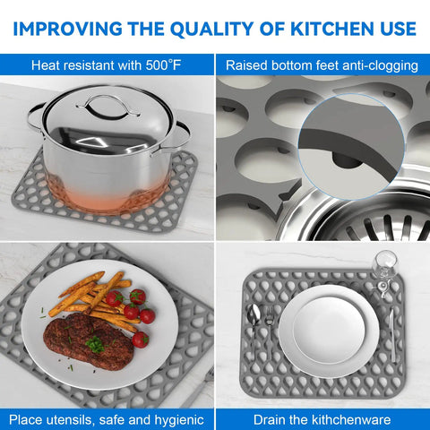 Image showing 2 Pack Silicone Sink Mats Dope Non Slip Foldable Grids For Kitchen Sinks, with pot, steak plate, and drain insert.
