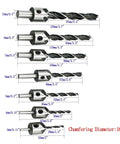 Set of drill bits for Killer Pro Grade Woodworking Chamfer And Countersink Kit, sizes and measurements displayed for accurate usage.
