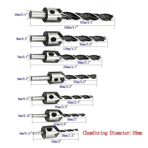 Set of drill bits for Killer Pro Grade Woodworking Chamfer And Countersink Kit, sizes and measurements displayed for accurate usage.