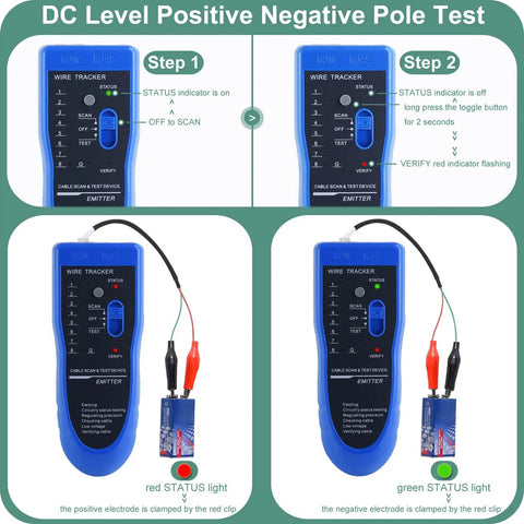 All In One Network Cable Tester With RJ45 RJ11 Tracer And Toner Kit In Bag For LAN CAT5 CAT6 Tracing, DC level positive test diagram.