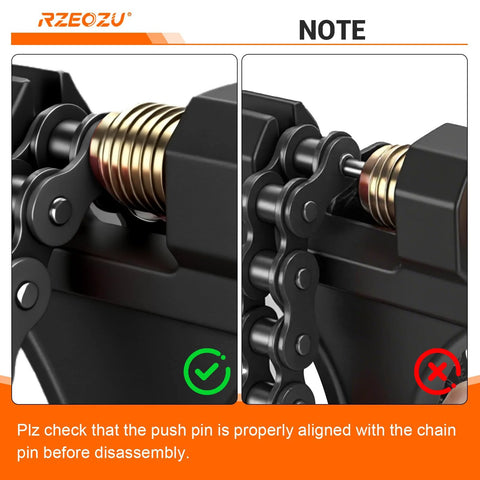 RZEOZU 420-530 motorcycle chain breaker tool, black metal body with gold chain links, instructional alignment view.