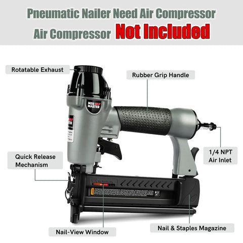 2 In 1 Pneumatic Brad Nail Gun And Staple Gun For DIY Woodworking with features like rotatable exhaust and rubber grip handle.
