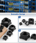 Badass Square Weld Nut Assortment 107 Pieces Covers M4 Through M14 Black Coarse Thread Carbon Steel Tools For Heavy Duty Garage Jobs And Shadetree Builders in various sizes on a wood surface.