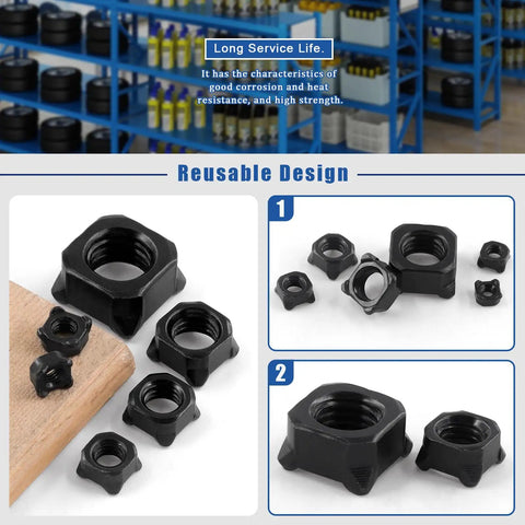 Badass Square Weld Nut Assortment 107 Pieces Covers M4 Through M14 Black Coarse Thread Carbon Steel Tools For Heavy Duty Garage Jobs And Shadetree Builders in various sizes on a wood surface.