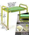Garden Stool And Kneeler Set Heavy Duty Garden Seat With 10 Inch Wide Soft Kneeling Pad Non Slip Bench For Kneeling And Sitting Elegant Apron Perfect For Easy Weeding And Planting Gift For Garden Lovers, displayed showing dimensions and sturdy steel frame.