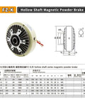 Front view diagram of Built Tough Magnetic Powder Brake With Hollow Shaft, 25Nm Torque, 2.5kg, DC24V, 1000RPM