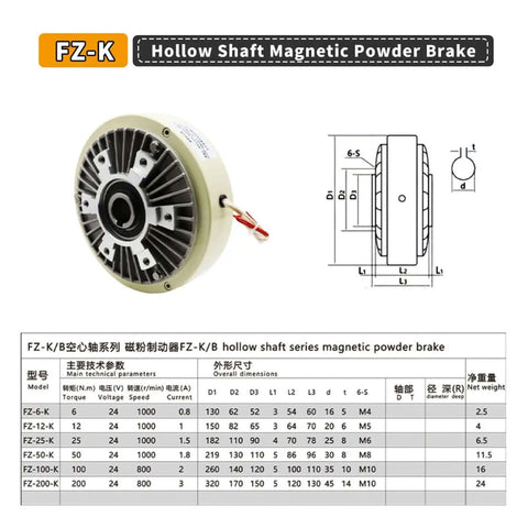 Front view diagram of Built Tough Magnetic Powder Brake With Hollow Shaft, 25Nm Torque, 2.5kg, DC24V, 1000RPM