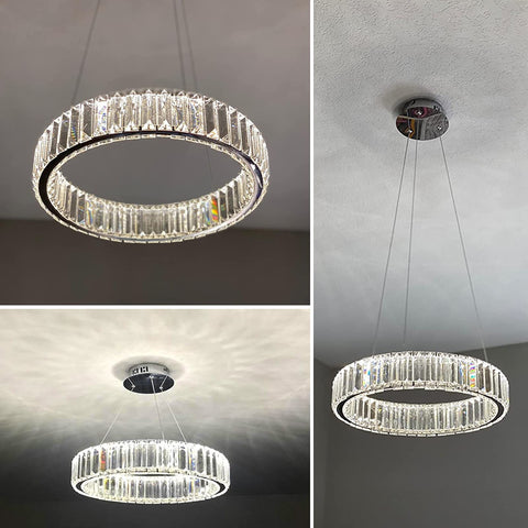 Elegant Modern Crystal Pendant Light for Dining and Living Rooms with polished stainless steel frame and sparkling crystals.