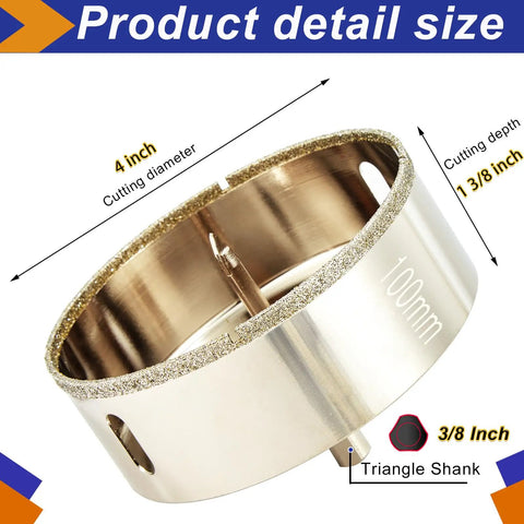 4 Inch Diamond Hole Saw With Pilot Bit For Glass And Tile Triple Layer Diamond Coating, 4 inch diameter, 1 3/8 inch depth