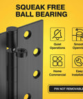 Ball Bearing Door Hinges 4.5 By 4 Inches Matte Black Square Corner 3mm Thick Non Removable Pin No Squeak