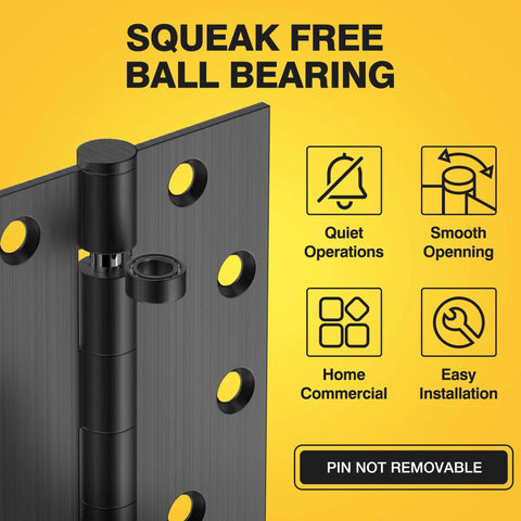 Ball Bearing Door Hinges 4.5 By 4 Inches Matte Black Square Corner 3mm Thick Non Removable Pin No Squeak