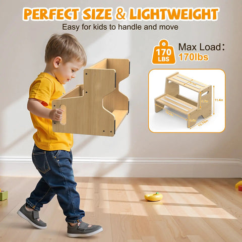 A child holding the Straight Up Solid Two Pack Wooden Step Stool For Toddlers, lightweight and easy to move, supports 170 lbs.