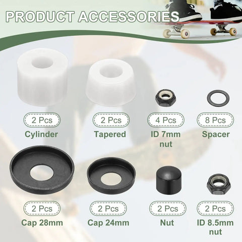 Components of Skateboard Truck Rebuild Kit With Bushings, Washers, Pivot Cups, including 92A PU cylinders, nuts, and spacers