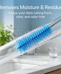 67 Inch Flexible Drain Brush Set With Double Ended Long Hose Pipe Cleaner scrubbing a clear test tube with blue bristles highlighted.