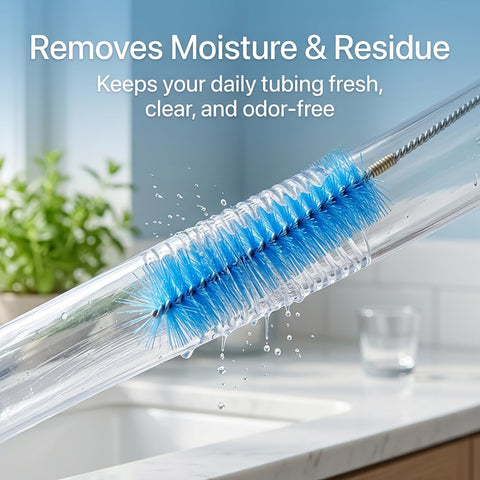 67 Inch Flexible Drain Brush Set With Double Ended Long Hose Pipe Cleaner scrubbing a clear test tube with blue bristles highlighted.