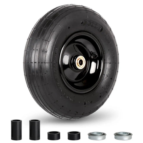4.00-6 Wheelbarrow Tire And Wheel With Pneumatic Tire, Five Eighth Inch And Three Quarter Inch Bearings, 1.75 Inch Centered Hub