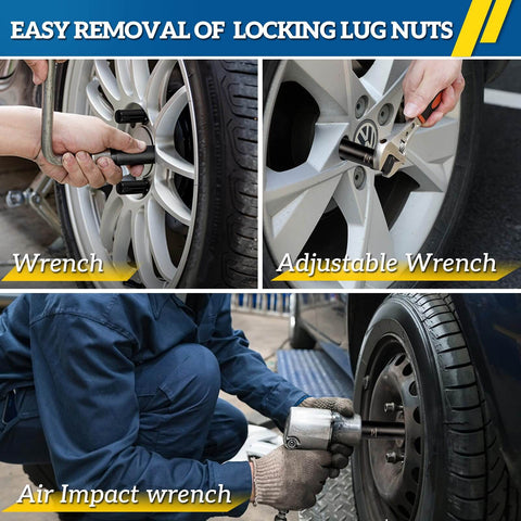 10 Piece Wheel Lock Removal Kit With Spline And Hex Master Keys Remove Rusted Or Stripped Lug Nuts On Aftermarket Wheels CrMo Steel Construction Anti Theft Lock Nut Removal For Jeep Ford Toyota Honda shown in use with wrenches on car wheels.