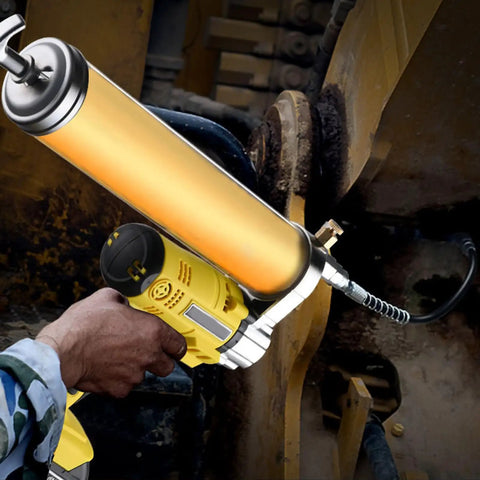 Beefy 8500 PSI Electric Grease Gun With Battery Powered Automatic Lubrication For Industrial Machinery Ships And Construction Equipment 100-240V US For Industrial Maintenance And Heavy Equipment in use.