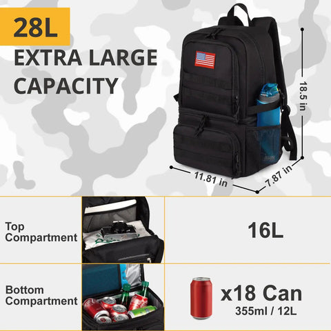 Dual Deck Insulated Cooler Backpack For Men With 2 In 1 Bottom Cooler And Dry Top Compartment, Big Capacity, Fits 18 Cans, Black