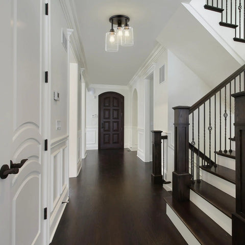 Hallway view of Three Light Bronze Semi Flush Mount Ceiling Light With Seeded Glass Shades For Kitchen Bath Bedroom And Closet Led Bulbs Compatible Rustic Oil Rubbed Bronze Vibe.