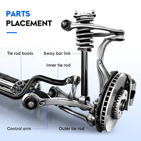 Nissan Versa Front Lower Control Arm Suspension Kit With Ball Joint Stabilizer, Sway Bar End Links And Tie Rods For Versa 2012-2019, Versa Note 2014-2019, Micra 2015-2019 8pcs parts placement diagram