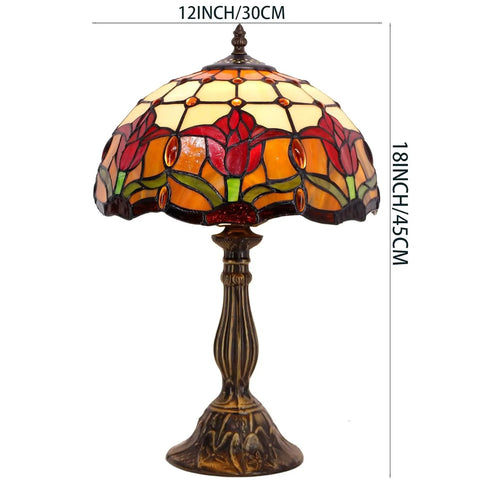 Tiffany Style Stained Glass Tulip Table Lamp For Bedroom And Living Room, 12 Inch Shade, 18 Inch Tall, Antique Green Bronze Base