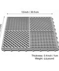 Interlocking Drainage Floor Tiles No Slip With Drain Holes For Pool Bathroom Shower Patio Boat And Pet Areas 12 Inch By 12 Inch By 0.4 Inch Thick Gray Durable Rubber Indoors Outdoors Easy Install showing size and thickness details.