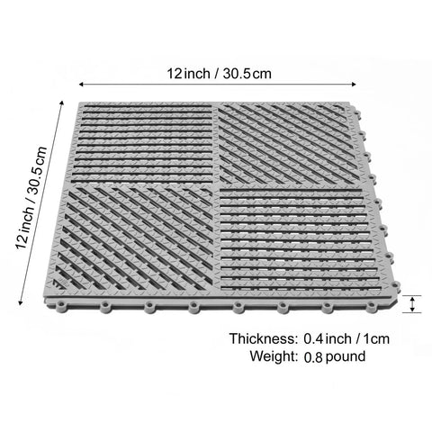 Interlocking Drainage Floor Tiles No Slip With Drain Holes For Pool Bathroom Shower Patio Boat And Pet Areas 12 Inch By 12 Inch By 0.4 Inch Thick Gray Durable Rubber Indoors Outdoors Easy Install showing size and thickness details.