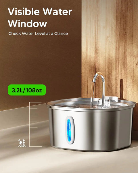 Stainless Steel Cat Water Fountain With Quiet Pump Three Point Two Liter 108Oz For Cats Dishwasher Safe 304 Stainless Steel