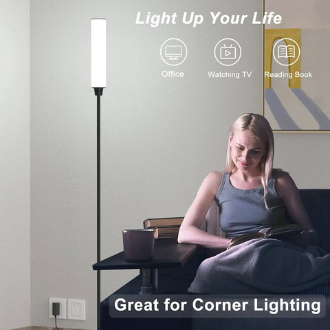Corner Floor Lamp With Remote For Living Room, Modern Minimalist Black Floor Light That Fits Corners, Space Saving Design, 8x8x66 Inches, Sleek And Cozy, Easy Setup For Reading And Relaxing with woman reading in living room