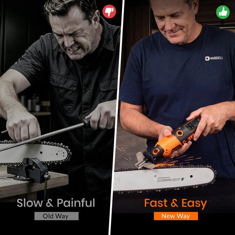 Badass 180W Cordless Chainsaw Sharpener Kit Gnarly Multi Purpose Rotary Tool shown sharpening chains easily and efficiently.