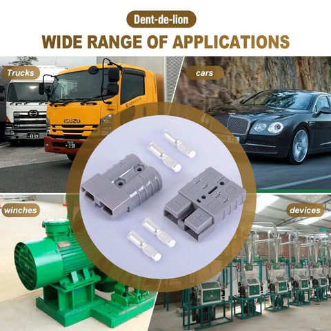 Straight Up Heavy Duty Anderson Battery Connectors 600V 50A Quick Release Power Plug Kits for trucks and cars in various settings.