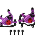 Top Shelf Mechanical Disc Brake Pair Aluminum Alloy Build For Mountain And Road Bikes Beast Mode Stopping Power Plug And Play Setup Killer Look In Violet Finish Smooth Ride Every Time, featuring forged aluminum calipers with mounting bolts.