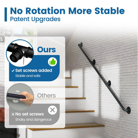 3.3ft Black Staircase Handrail Kit for Indoor Stairs Pipe Style Rail Bar Wall Mount Galvanized Steel Industrial Look 440Lbs