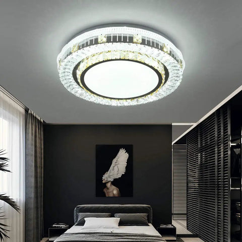 LED Flush Mount Ceiling Light With Remote, Dimmable 3000K To 6000K, 35W, 14.9-Inch, in modern bedroom interior, white finish