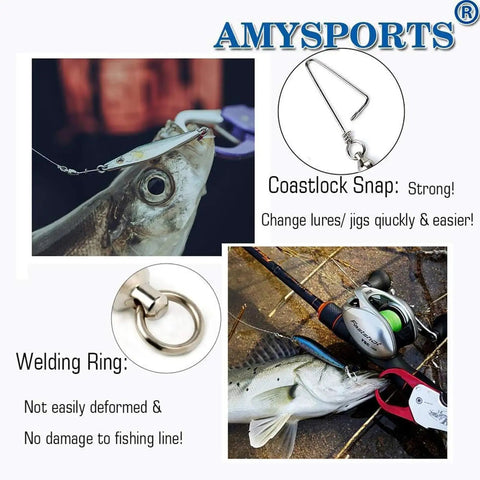 High Strength Fishing Snap Swivels Set With Ball Bearing Barrel Stainless Steel Saltwater Ready 25 Pack 31 Lbs Load Capacity 360 Degree Spin For Realistic Lure Action And Fewer Snags, shown with fishing lure and reel