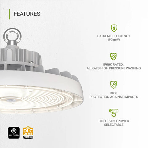 Beefed Up 300W LED High Bay UFO Light For Warehouses, Dimmable, 3 CCT 3000K 4000K 5000K, IP69K Waterproof, 47700 Lumens, 120-277V, UL Listed