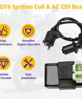 Gy6 Ignition Coil With 6 Pin AC CDI Box Kit for 50cc 125cc 150cc scooters, shown with ignition coil and CDI box, overlaid text.